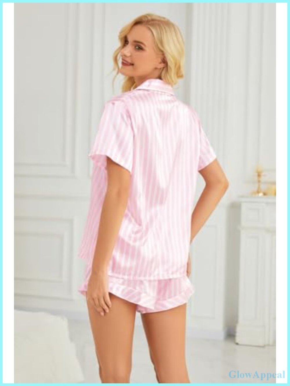 Women's Striped Satin Pajama Set Drawstring Ruffled Shorts Notch Neck - Picture 4 of 5